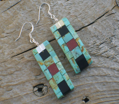 Earrings Native American Inlay Mosaic Tiles Long -D